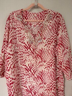 Princess Cruises Womens Blouse XXL Red White Abstract Embellished Lace Up Top